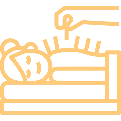 Illustration of a person sleeping in a bed and a hand turning off an alarm clock.