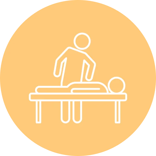 Icon of a person standing beside another person lying on a table, suggesting a therapeutic or medical procedure, on an orange background.