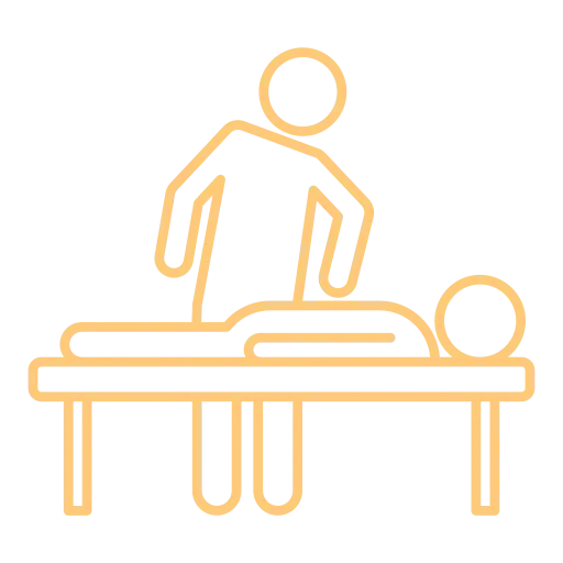 Line drawing depicting a person receiving a massage while lying on a table; another person stands beside applying the massage.
