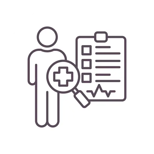 Icon of a person and a checklist with a magnifying glass featuring a medical cross, suggesting a health or medical evaluation.