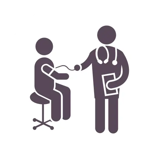 Illustration of a doctor taking a patient's blood pressure. The patient sits on a stool, while the doctor holds a stethoscope and clipboard.