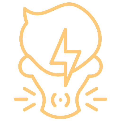 An orange outline of a human head with a lightning bolt symbol in the brain area, indicating an idea or brain activity, and small lines at the bottom suggesting sound or voice.
