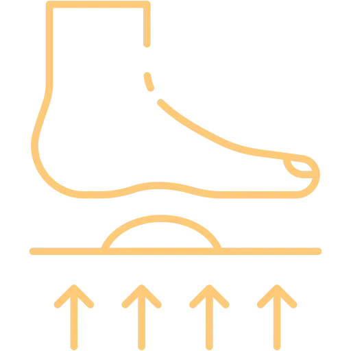 Illustration of a foot over a surface with chiropractic services upward arrows and a central bump, indicating pressure or movement.
