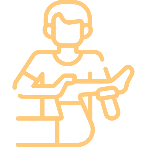 Illustration of a person playing an electric guitar outlined in orange.