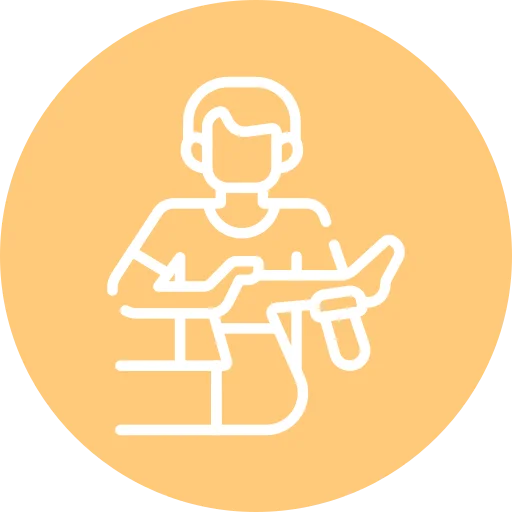 Icon of a person holding a leg in a bent position, depicted on a yellow circle background.