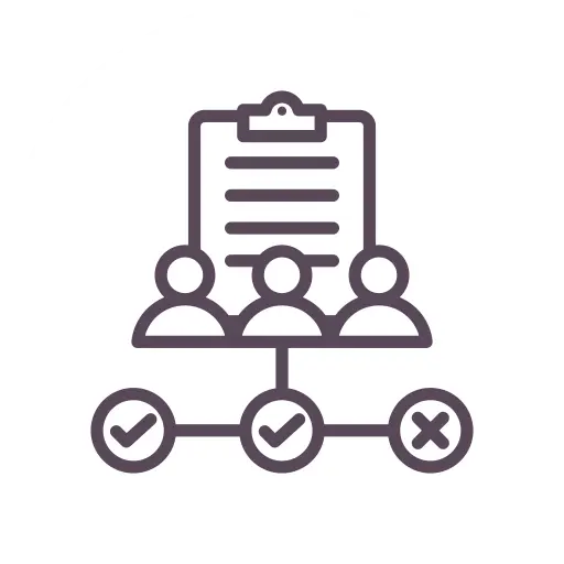 Icon depicting a clipboard with three people below, connected to checkmarks and a cross.