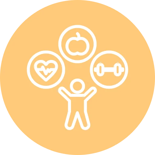 Icon with a person and three symbols: an apple, a heart with a pulse line, and a dumbbell, representing health and wellness concepts on an orange background.